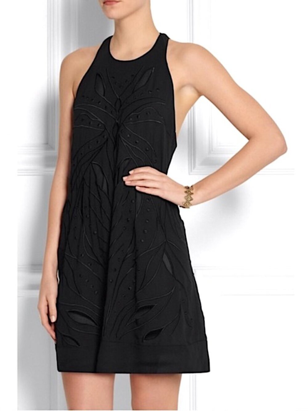 IRO PARIS Irene Racerback Mini Dress Sleeveless Embroidered Cutouts Size S Black